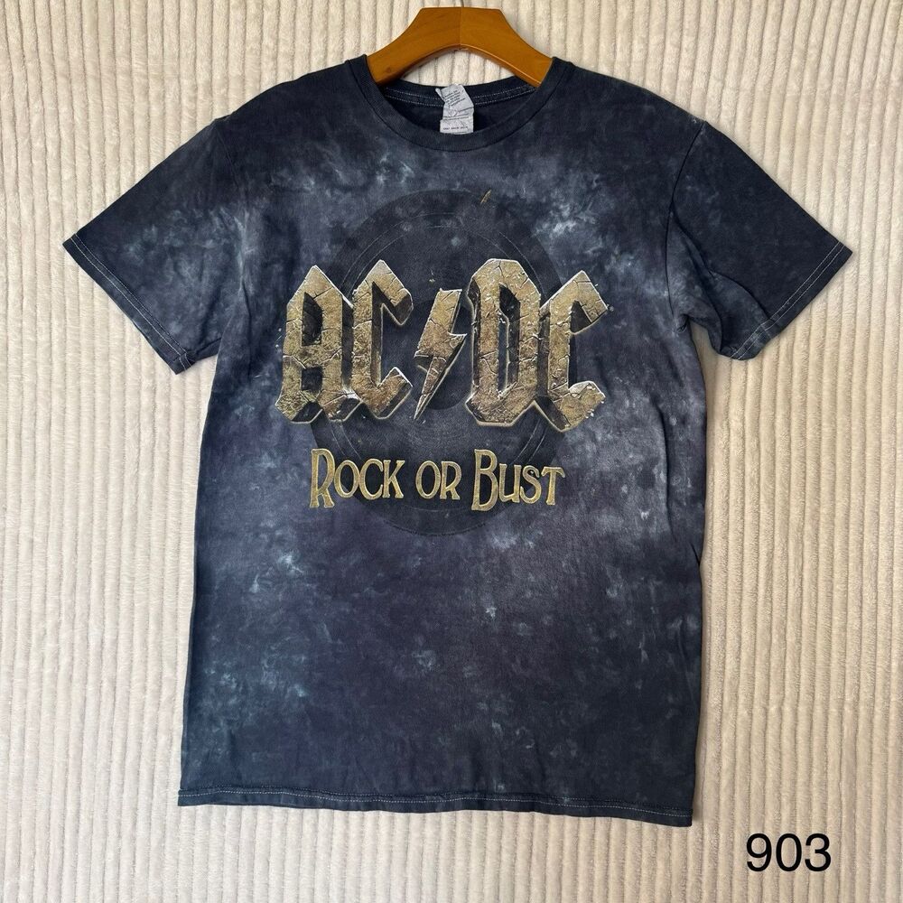 AC/DC Rock Or Bust 2015 Concert Double Sided T-Shirt Gray Tie Dye Size Small